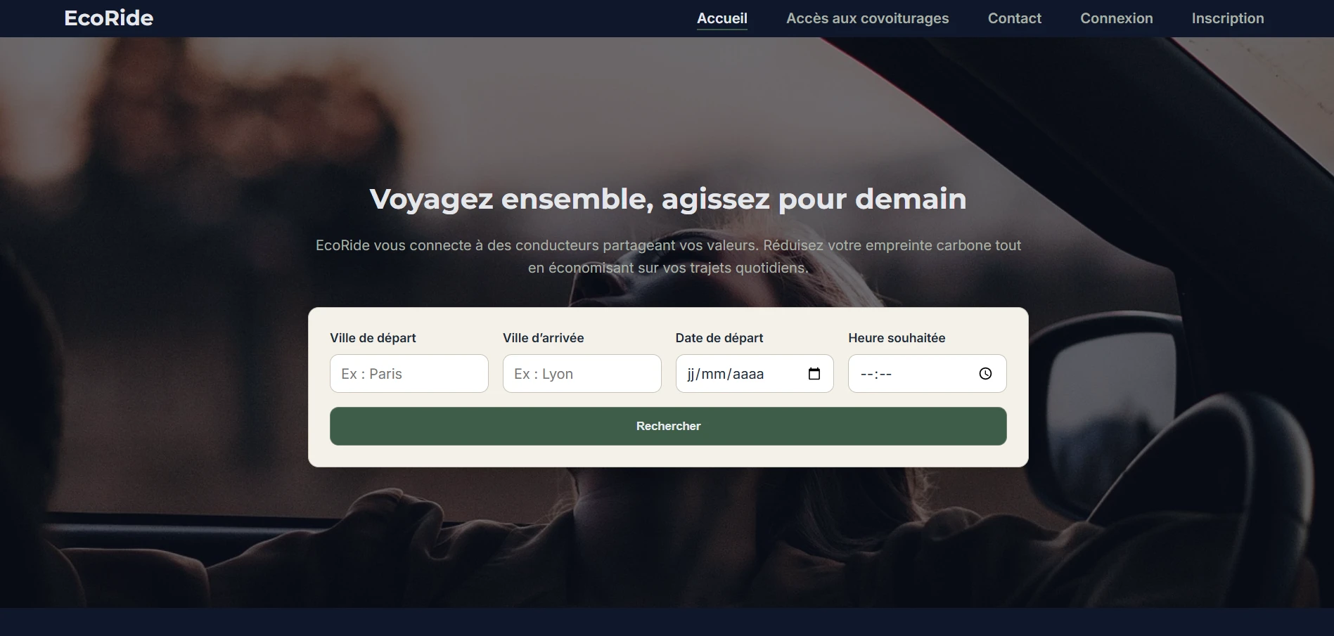 Page d'accueil de l'application EcoRide